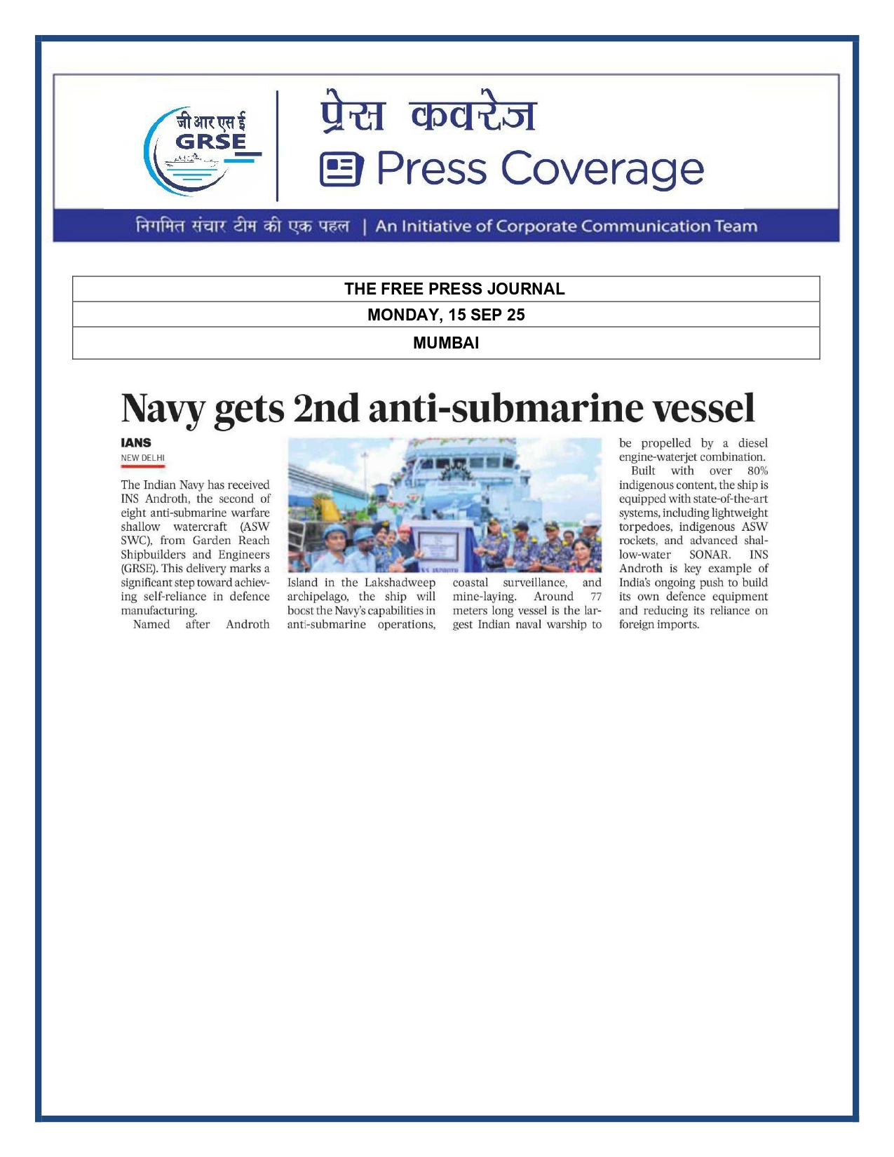 Press Coverage : 15 Sept 25:THE STATESMAN